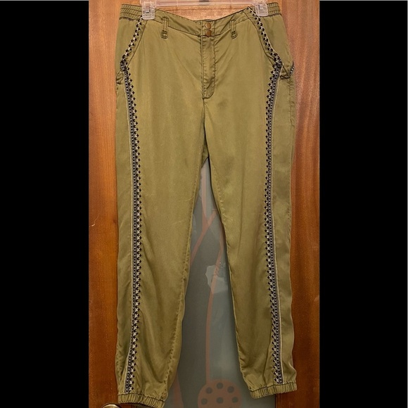 Anthropologie Womens Army Green Elastic Ankle Embroidered Pants - Picture 1 of 8